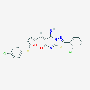 molecular formula C22H12Cl2N4O2S2 B327675 (6Z)-2-(2-chlorophenyl)-6-({5-[(4-chlorophenyl)sulfanyl]furan-2-yl}methylidene)-5-imino-5,6-dihydro-7H-[1,3,4]thiadiazolo[3,2-a]pyrimidin-7-one 
