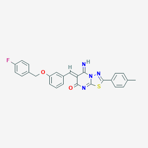 molecular formula C26H19FN4O2S B327690 6-{3-[(4-fluorobenzyl)oxy]benzylidene}-5-imino-2-(4-methylphenyl)-5,6-dihydro-7H-[1,3,4]thiadiazolo[3,2-a]pyrimidin-7-one 