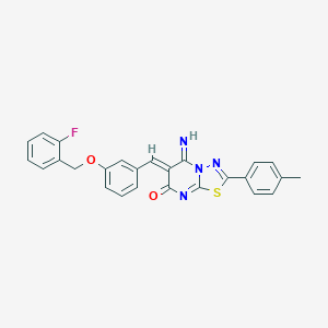 molecular formula C26H19FN4O2S B327691 (6Z)-6-{3-[(2-fluorobenzyl)oxy]benzylidene}-5-imino-2-(4-methylphenyl)-5,6-dihydro-7H-[1,3,4]thiadiazolo[3,2-a]pyrimidin-7-one 