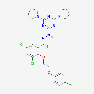 molecular formula C26H28Cl3N7O2 B327751 2-[(2E)-2-{3,5-dichloro-2-[2-(4-chlorophenoxy)ethoxy]benzylidene}hydrazinyl]-4,6-di(pyrrolidin-1-yl)-1,3,5-triazine 