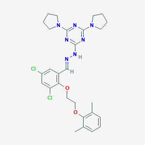 molecular formula C28H33Cl2N7O2 B327753 2-[(2E)-2-{3,5-dichloro-2-[2-(2,6-dimethylphenoxy)ethoxy]benzylidene}hydrazinyl]-4,6-di(pyrrolidin-1-yl)-1,3,5-triazine 