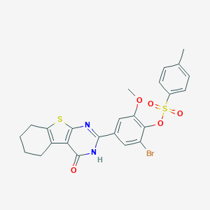 molecular formula C24H21BrN2O5S2 B327756 2-Bromo-6-methoxy-4-(4-oxo-3,4,5,6,7,8-hexahydro[1]benzothieno[2,3-d]pyrimidin-2-yl)phenyl 4-methylbenzenesulfonate 