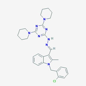 1-(2-chlorobenzyl)-3-[(E)-{2-[4,6-di(piperidin-1-yl)-1,3,5-triazin-2-yl]hydrazinylidene}methyl]-2-methyl-1H-indole