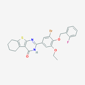 molecular formula C25H22BrFN2O3S B327805 2-{3-bromo-5-ethoxy-4-[(2-fluorobenzyl)oxy]phenyl}-5,6,7,8-tetrahydro[1]benzothieno[2,3-d]pyrimidin-4(3H)-one 