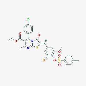molecular formula C31H26BrClN2O7S2 B327808 ethyl 2-(3-bromo-5-methoxy-4-{[(4-methylphenyl)sulfonyl]oxy}benzylidene)-5-(4-chlorophenyl)-7-methyl-3-oxo-2,3-dihydro-5H-[1,3]thiazolo[3,2-a]pyrimidine-6-carboxylate 