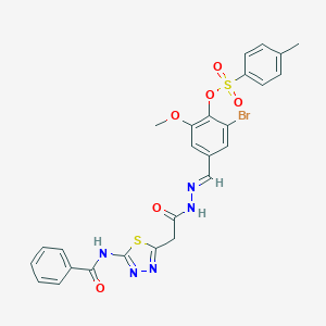 molecular formula C26H22BrN5O6S2 B327810 2-bromo-6-methoxy-4-{(E)-[2-({5-[(phenylcarbonyl)amino]-1,3,4-thiadiazol-2-yl}acetyl)hydrazinylidene]methyl}phenyl 4-methylbenzenesulfonate 