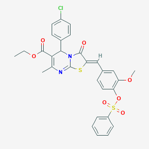 molecular formula C30H25ClN2O7S2 B327819 ethyl 5-(4-chlorophenyl)-2-{3-methoxy-4-[(phenylsulfonyl)oxy]benzylidene}-7-methyl-3-oxo-2,3-dihydro-5H-[1,3]thiazolo[3,2-a]pyrimidine-6-carboxylate 