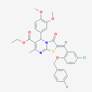 molecular formula C32H28ClFN2O6S B327820 ethyl 2-{5-chloro-2-[(4-fluorobenzyl)oxy]benzylidene}-5-(3,4-dimethoxyphenyl)-7-methyl-3-oxo-2,3-dihydro-5H-[1,3]thiazolo[3,2-a]pyrimidine-6-carboxylate 