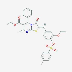 molecular formula C32H30N2O7S2 B327822 ethyl 2-(3-ethoxy-4-{[(4-methylphenyl)sulfonyl]oxy}benzylidene)-7-methyl-3-oxo-5-phenyl-2,3-dihydro-5H-[1,3]thiazolo[3,2-a]pyrimidine-6-carboxylate 