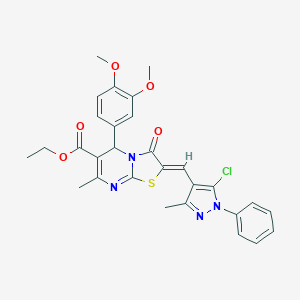 molecular formula C29H27ClN4O5S B327833 ethyl 2-[(5-chloro-3-methyl-1-phenyl-1H-pyrazol-4-yl)methylene]-5-(3,4-dimethoxyphenyl)-7-methyl-3-oxo-2,3-dihydro-5H-[1,3]thiazolo[3,2-a]pyrimidine-6-carboxylate 