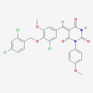 molecular formula C26H19Cl3N2O6 B327838 5-{3-chloro-4-[(2,4-dichlorobenzyl)oxy]-5-methoxybenzylidene}-1-(4-methoxyphenyl)-2,4,6(1H,3H,5H)-pyrimidinetrione 