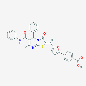 molecular formula C32H23N3O5S B327839 4-{5-[(6-(anilinocarbonyl)-7-methyl-3-oxo-5-phenyl-5H-[1,3]thiazolo[3,2-a]pyrimidin-2(3H)-ylidene)methyl]-2-furyl}benzoic acid 