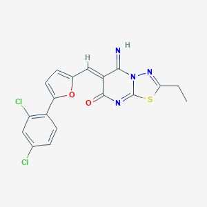 molecular formula C18H12Cl2N4O2S B327868 (6Z)-6-{[5-(2,4-dichlorophenyl)furan-2-yl]methylidene}-2-ethyl-5-imino-5,6-dihydro-7H-[1,3,4]thiadiazolo[3,2-a]pyrimidin-7-one 