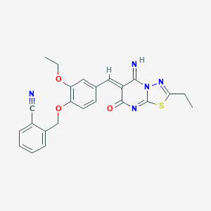 molecular formula C24H21N5O3S B327877 2-({2-ethoxy-4-[(2-ethyl-5-imino-7-oxo-5H-[1,3,4]thiadiazolo[3,2-a]pyrimidin-6(7H)-ylidene)methyl]phenoxy}methyl)benzonitrile 
