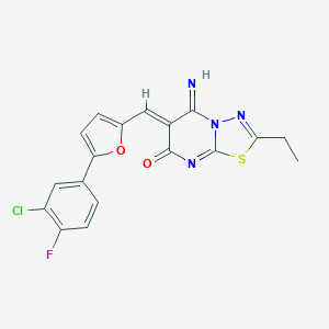 molecular formula C18H12ClFN4O2S B327880 (6Z)-6-{[5-(3-chloro-4-fluorophenyl)furan-2-yl]methylidene}-2-ethyl-5-imino-5,6-dihydro-7H-[1,3,4]thiadiazolo[3,2-a]pyrimidin-7-one 
