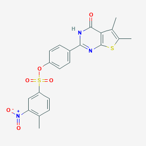molecular formula C21H17N3O6S2 B327936 4-(5,6-Dimethyl-4-oxo-3,4-dihydrothieno[2,3-d]pyrimidin-2-yl)phenyl3-nitro-4-methylbenzenesulfonate 
