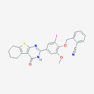 molecular formula C25H20IN3O3S B327940 2-{[2-Iodo-6-methoxy-4-(4-oxo-3,4,5,6,7,8-hexahydro[1]benzothieno[2,3-d]pyrimidin-2-yl)phenoxy]methyl}benzonitrile 