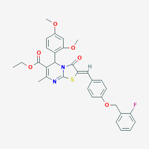 molecular formula C32H29FN2O6S B327945 ethyl 5-(2,4-dimethoxyphenyl)-2-{4-[(2-fluorobenzyl)oxy]benzylidene}-7-methyl-3-oxo-2,3-dihydro-5H-[1,3]thiazolo[3,2-a]pyrimidine-6-carboxylate 