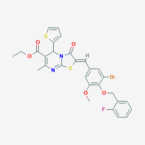 molecular formula C29H24BrFN2O5S2 B327946 ethyl (2Z)-2-{3-bromo-4-[(2-fluorobenzyl)oxy]-5-methoxybenzylidene}-7-methyl-3-oxo-5-thien-2-yl-2,3-dihydro-5H-[1,3]thiazolo[3,2-a]pyrimidine-6-carboxylate 