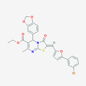 molecular formula C28H21BrN2O6S B327947 ethyl 5-(1,3-benzodioxol-5-yl)-2-{[5-(3-bromophenyl)-2-furyl]methylene}-7-methyl-3-oxo-2,3-dihydro-5H-[1,3]thiazolo[3,2-a]pyrimidine-6-carboxylate 