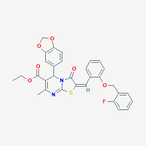 molecular formula C31H25FN2O6S B327948 ethyl 5-(1,3-benzodioxol-5-yl)-2-{2-[(2-fluorobenzyl)oxy]benzylidene}-7-methyl-3-oxo-2,3-dihydro-5H-[1,3]thiazolo[3,2-a]pyrimidine-6-carboxylate 