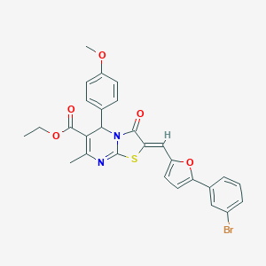 molecular formula C28H23BrN2O5S B327949 ethyl 2-{[5-(3-bromophenyl)-2-furyl]methylene}-5-(4-methoxyphenyl)-7-methyl-3-oxo-2,3-dihydro-5H-[1,3]thiazolo[3,2-a]pyrimidine-6-carboxylate 