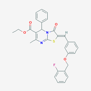 molecular formula C30H25FN2O4S B327955 ethyl 2-{3-[(2-fluorobenzyl)oxy]benzylidene}-7-methyl-3-oxo-5-phenyl-2,3-dihydro-5H-[1,3]thiazolo[3,2-a]pyrimidine-6-carboxylate 