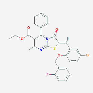 molecular formula C30H24BrFN2O4S B327956 ethyl2-{5-bromo-2-[(2-fluorobenzyl)oxy]benzylidene}-7-methyl-3-oxo-5-phenyl-2,3-dihydro-5H-[1,3]thiazolo[3,2-a]pyrimidine-6-carboxylate 