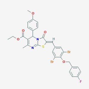 molecular formula C31H25Br2FN2O5S B327957 ethyl 2-{3,5-dibromo-4-[(4-fluorobenzyl)oxy]benzylidene}-5-(4-methoxyphenyl)-7-methyl-3-oxo-2,3-dihydro-5H-[1,3]thiazolo[3,2-a]pyrimidine-6-carboxylate 