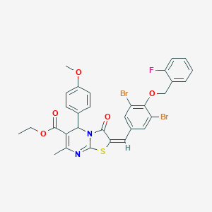 molecular formula C31H25Br2FN2O5S B327958 ethyl 2-{3,5-dibromo-4-[(2-fluorobenzyl)oxy]benzylidene}-5-(4-methoxyphenyl)-7-methyl-3-oxo-2,3-dihydro-5H-[1,3]thiazolo[3,2-a]pyrimidine-6-carboxylate 