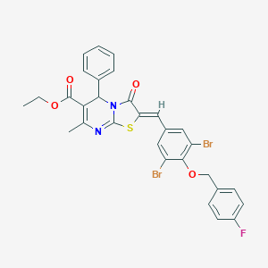 molecular formula C30H23Br2FN2O4S B327960 ethyl 2-{3,5-dibromo-4-[(4-fluorobenzyl)oxy]benzylidene}-7-methyl-3-oxo-5-phenyl-2,3-dihydro-5H-[1,3]thiazolo[3,2-a]pyrimidine-6-carboxylate 