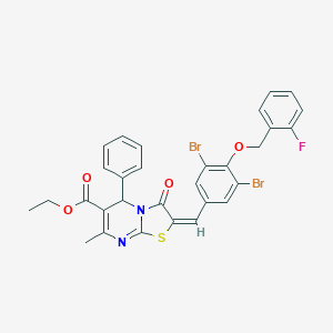 molecular formula C30H23Br2FN2O4S B327961 ethyl 2-{3,5-dibromo-4-[(2-fluorobenzyl)oxy]benzylidene}-7-methyl-3-oxo-5-phenyl-2,3-dihydro-5H-[1,3]thiazolo[3,2-a]pyrimidine-6-carboxylate 