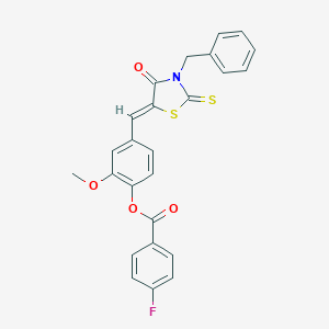 molecular formula C25H18FNO4S2 B327974 4-[(3-Benzyl-4-oxo-2-thioxo-1,3-thiazolidin-5-ylidene)methyl]-2-methoxyphenyl 4-fluorobenzoate 