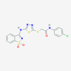 molecular formula C17H12ClN5O3S3 B327985 N-(4-chlorophenyl)-2-({5-[(1,1-dioxido-1,2-benzisothiazol-3-yl)amino]-1,3,4-thiadiazol-2-yl}sulfanyl)acetamide 