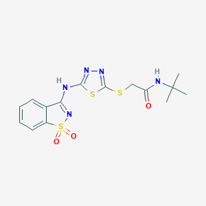 molecular formula C15H17N5O3S3 B327986 N-(tert-butyl)-2-({5-[(1,1-dioxido-1,2-benzisothiazol-3-yl)amino]-1,3,4-thiadiazol-2-yl}sulfanyl)acetamide 