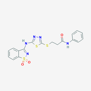 molecular formula C18H15N5O3S3 B327987 3-({5-[(1,1-dioxido-1,2-benzisothiazol-3-yl)amino]-1,3,4-thiadiazol-2-yl}sulfanyl)-N-phenylpropanamide 