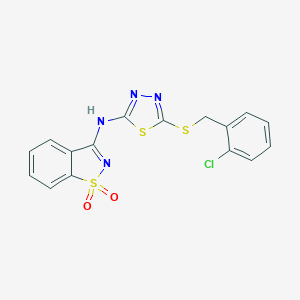 molecular formula C16H11ClN4O2S3 B327988 N-{5-[(2-chlorobenzyl)sulfanyl]-1,3,4-thiadiazol-2-yl}-1,2-benzothiazol-3-amine 1,1-dioxide 