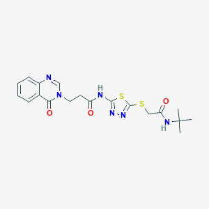 molecular formula C19H22N6O3S2 B327991 N-(5-{[2-(tert-butylamino)-2-oxoethyl]sulfanyl}-1,3,4-thiadiazol-2-yl)-3-(4-oxoquinazolin-3(4H)-yl)propanamide 