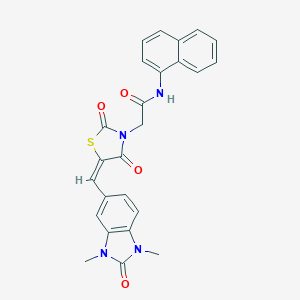 molecular formula C25H20N4O4S B328050 2-{(5E)-5-[(1,3-dimethyl-2-oxo-2,3-dihydro-1H-benzimidazol-5-yl)methylidene]-2,4-dioxo-1,3-thiazolidin-3-yl}-N-(naphthalen-1-yl)acetamide 