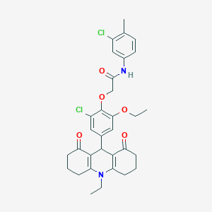molecular formula C32H34Cl2N2O5 B328067 2-[2-chloro-6-ethoxy-4-(10-ethyl-1,8-dioxo-1,2,3,4,5,6,7,8,9,10-decahydro-9-acridinyl)phenoxy]-N-(3-chloro-4-methylphenyl)acetamide 
