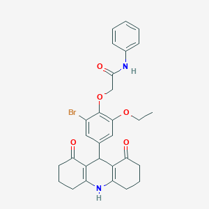 molecular formula C29H29BrN2O5 B328074 2-[2-bromo-4-(1,8-dioxo-1,2,3,4,5,6,7,8,9,10-decahydro-9-acridinyl)-6-ethoxyphenoxy]-N-phenylacetamide 