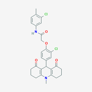 molecular formula C29H28Cl2N2O4 B328092 2-[2-chloro-4-(10-methyl-1,8-dioxo-1,2,3,4,5,6,7,8,9,10-decahydro-9-acridinyl)phenoxy]-N-(3-chloro-4-methylphenyl)acetamide 