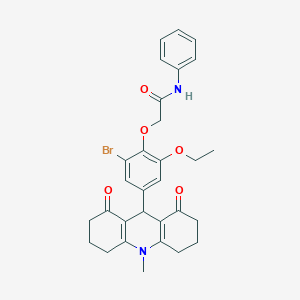 molecular formula C30H31BrN2O5 B328095 2-[2-bromo-6-ethoxy-4-(10-methyl-1,8-dioxo-1,2,3,4,5,6,7,8,9,10-decahydro-9-acridinyl)phenoxy]-N-phenylacetamide 
