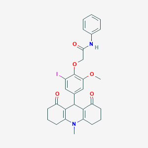 molecular formula C29H29IN2O5 B328099 2-[2-iodo-6-methoxy-4-(10-methyl-1,8-dioxo-1,2,3,4,5,6,7,8,9,10-decahydro-9-acridinyl)phenoxy]-N-phenylacetamide 