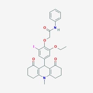 molecular formula C30H31IN2O5 B328106 2-[2-ethoxy-6-iodo-4-(10-methyl-1,8-dioxo-1,2,3,4,5,6,7,8,9,10-decahydro-9-acridinyl)phenoxy]-N-phenylacetamide 