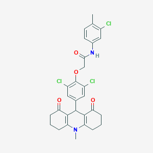 molecular formula C29H27Cl3N2O4 B328108 N-(3-chloro-4-methylphenyl)-2-[2,6-dichloro-4-(10-methyl-1,8-dioxo-1,2,3,4,5,6,7,8,9,10-decahydro-9-acridinyl)phenoxy]acetamide 