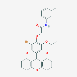 molecular formula C30H30BrNO6 B328116 2-[2-bromo-4-(1,8-dioxo-2,3,4,5,6,7,8,9-octahydro-1H-xanthen-9-yl)-6-ethoxyphenoxy]-N-(3-methylphenyl)acetamide 