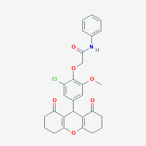molecular formula C28H26ClNO6 B328117 2-[2-chloro-4-(1,8-dioxo-2,3,4,5,6,7,8,9-octahydro-1H-xanthen-9-yl)-6-methoxyphenoxy]-N-phenylacetamide 