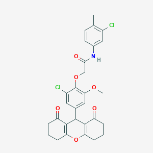 molecular formula C29H27Cl2NO6 B328118 2-[2-chloro-4-(1,8-dioxo-2,3,4,5,6,7,8,9-octahydro-1H-xanthen-9-yl)-6-methoxyphenoxy]-N-(3-chloro-4-methylphenyl)acetamide 