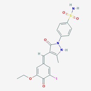 molecular formula C19H18IN3O5S B328126 4-[4-[(Z)-(3-ethoxy-5-iodo-4-oxocyclohexa-2,5-dien-1-ylidene)methyl]-5-methyl-3-oxo-1H-pyrazol-2-yl]benzenesulfonamide 